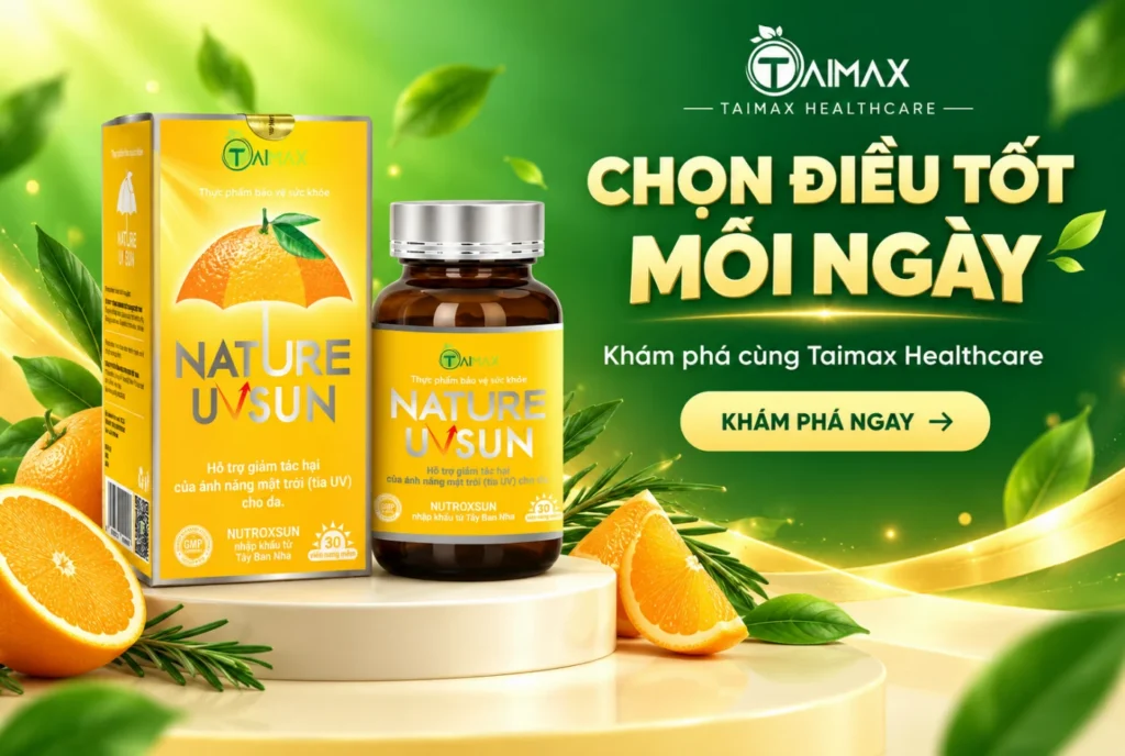 Đồ họa Taimax Nature UV Sun với cam, hương thảo và nền xanh vàng.