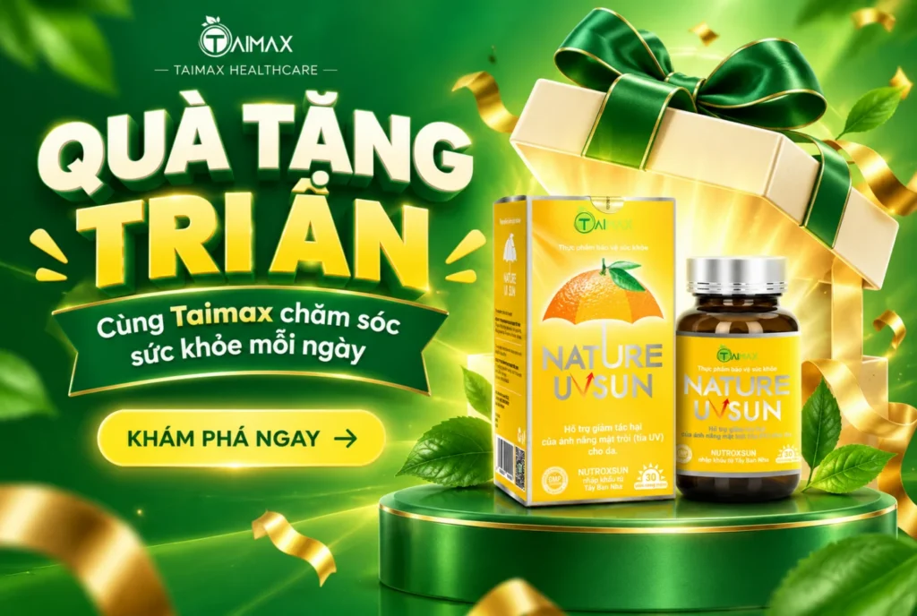 Đồ họa khuyến mãi Taimax với hộp quà xanh vàng và bộ sản phẩm Nature UV Sun.