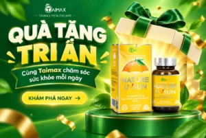Đồ họa khuyến mãi Taimax với hộp quà xanh vàng và bộ sản phẩm Nature UV Sun.