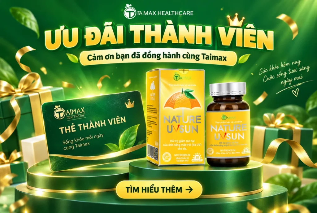 Đồ họa ưu đãi thành viên Taimax với thẻ thành viên, quà tặng và Nature UV Sun.