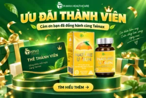 Đồ họa ưu đãi thành viên Taimax với thẻ thành viên, quà tặng và Nature UV Sun.